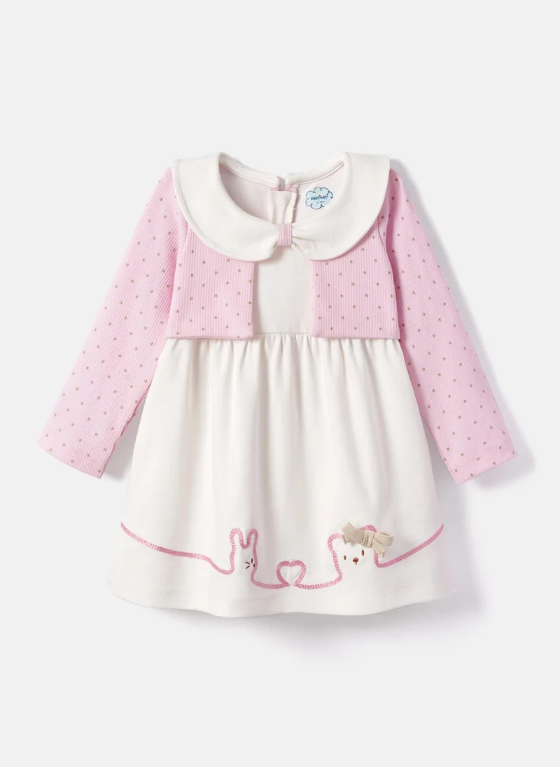 Nautinati Baby Girls' 100% Interlock Cotton Bear Embroidered Solid Dress Fit & Flare Dress with All-over Polka Print Shrug